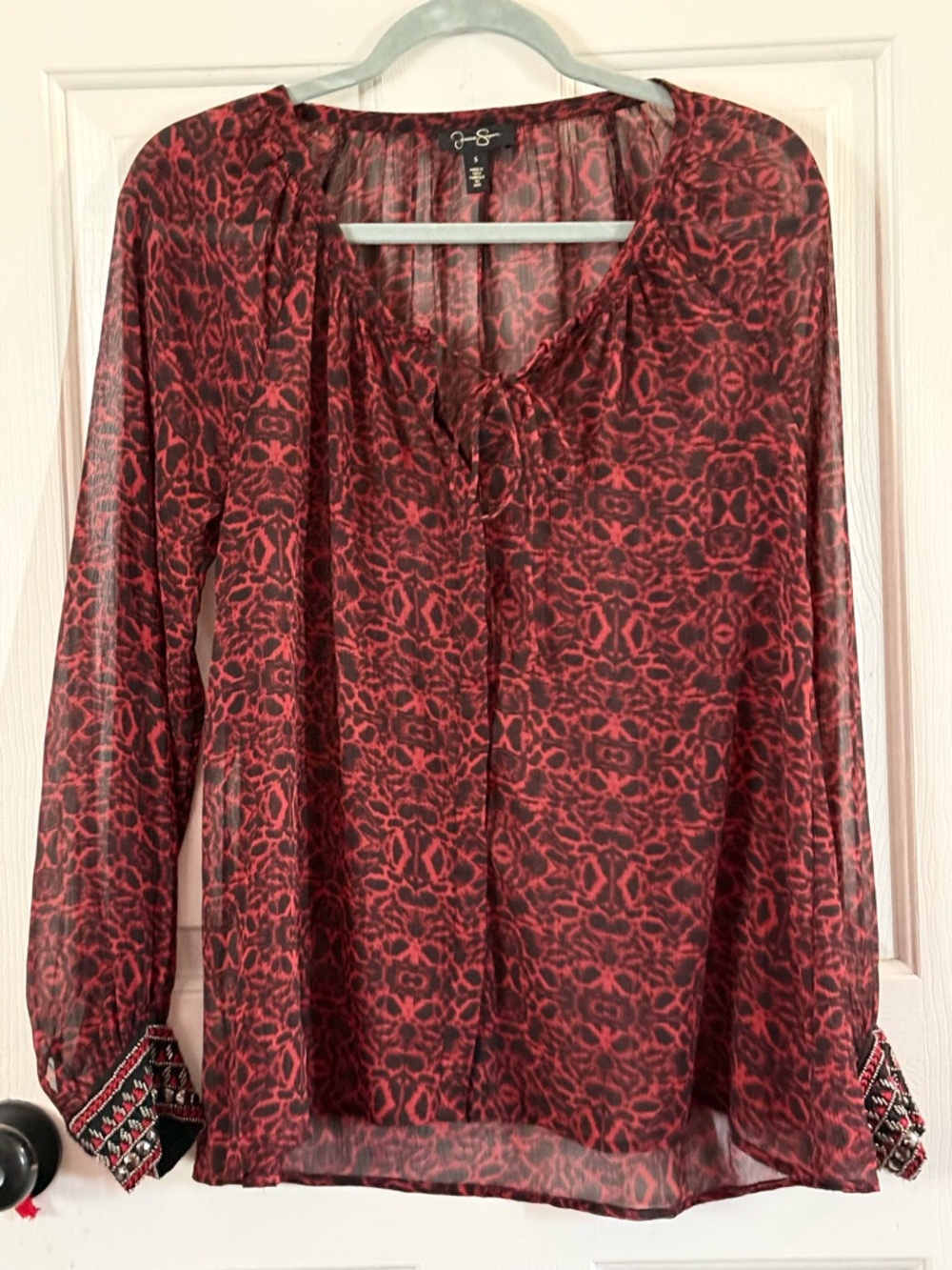 Jessica Simpson Red and Black Sheer Patterned Blouse